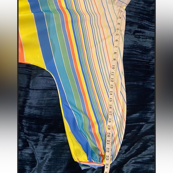 Vintage White Long Sleeved Blouse with Elastic Hem in Neon Stripes - Size Medium - Picture 8 of 9